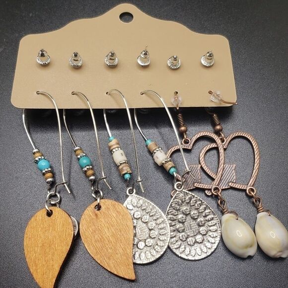 Bohemian earrings heart pookah seashell turquoise dove leaf - Picture 5 of 5